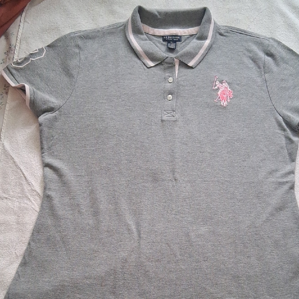 U.S. Polo Assn. Womens  Gray Polo with Pink Trim 95% Cotton 5% Spandex